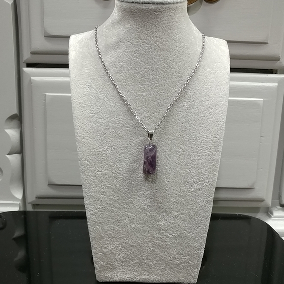 Amethyst Necklace Natural Gemstone Crystal Pendant Stainless-Steel Chain Purple - Picture 3 of 17